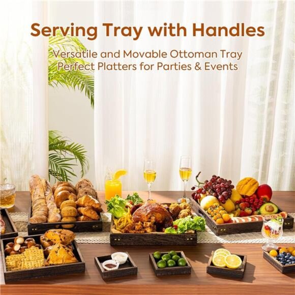 Wood serving tray with handles square decorative coffee table ottoman kitchen tr - Picture 6 of 7